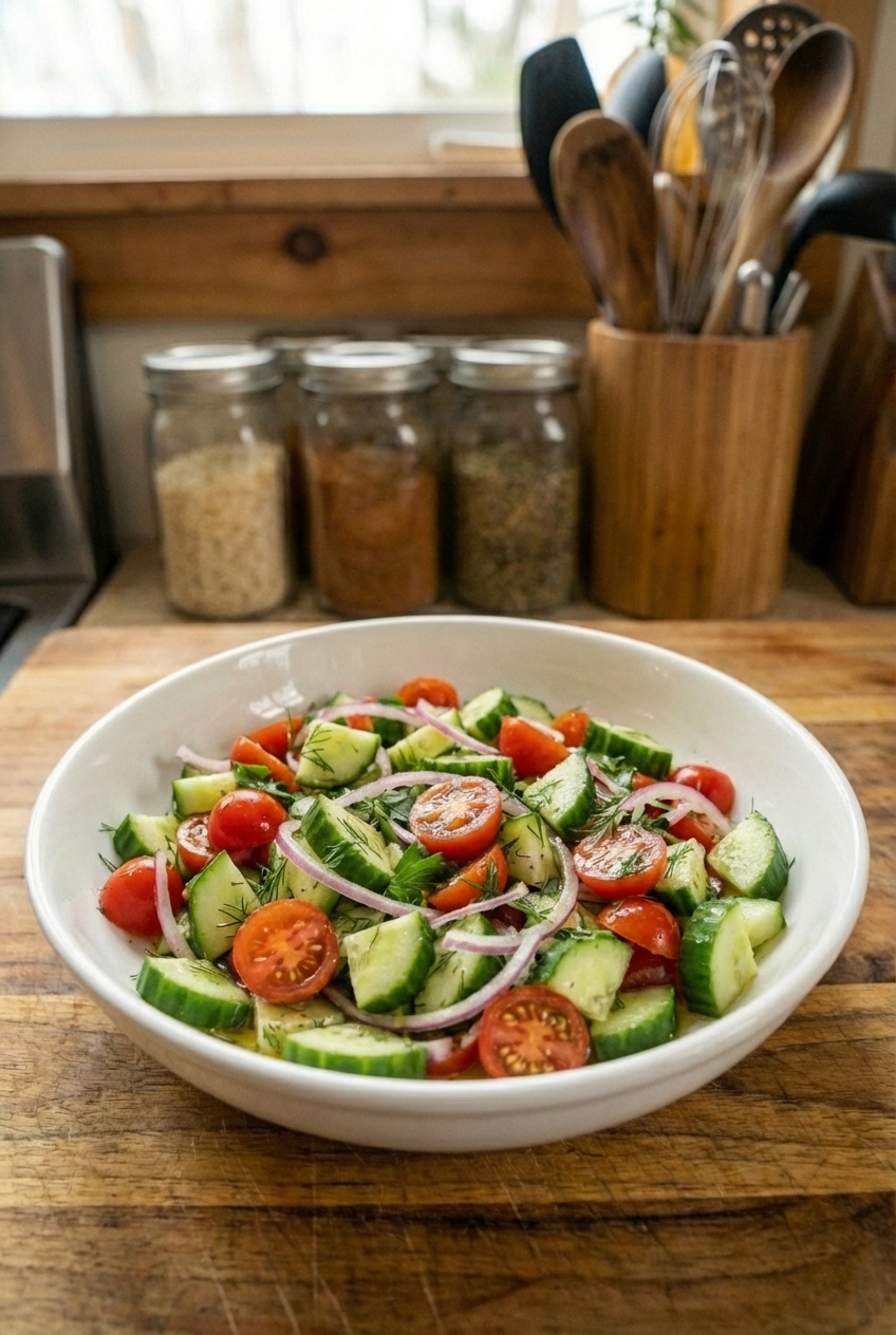A simple cucumber tomato salad in a white bowl