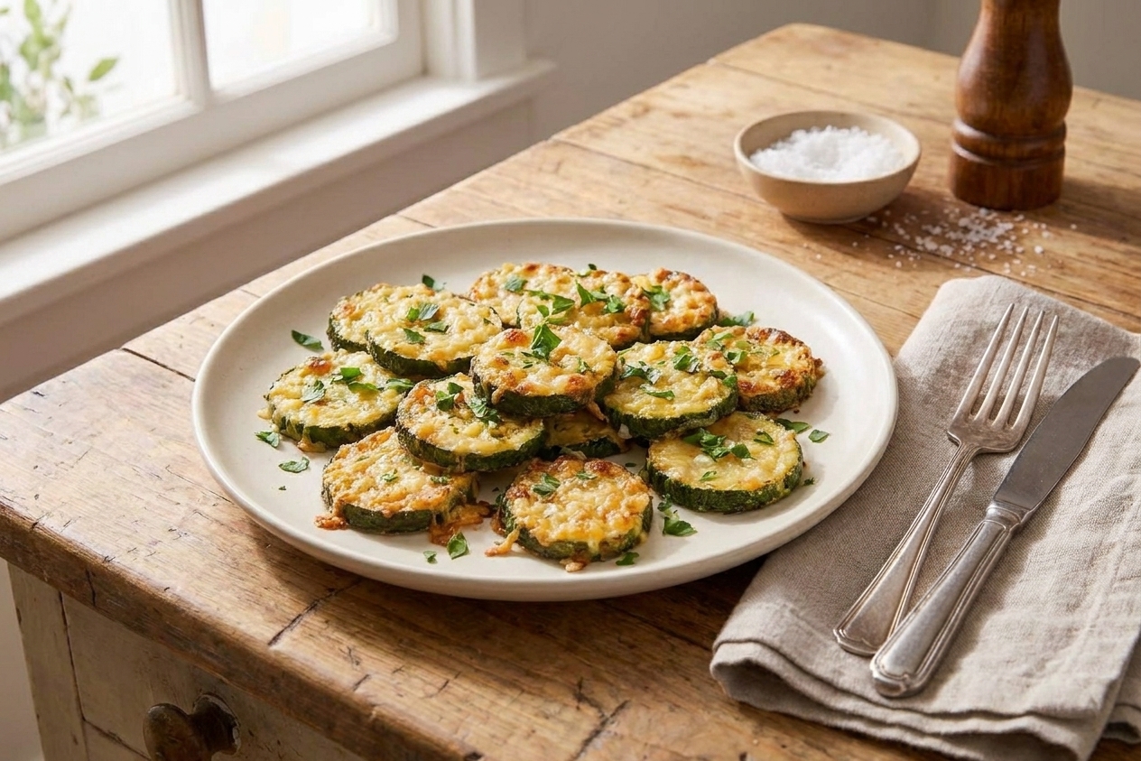 A simple dinner plate with a serving of baked zucchini rounds topped with fresh parsley, set on a wooden table with neutral linens