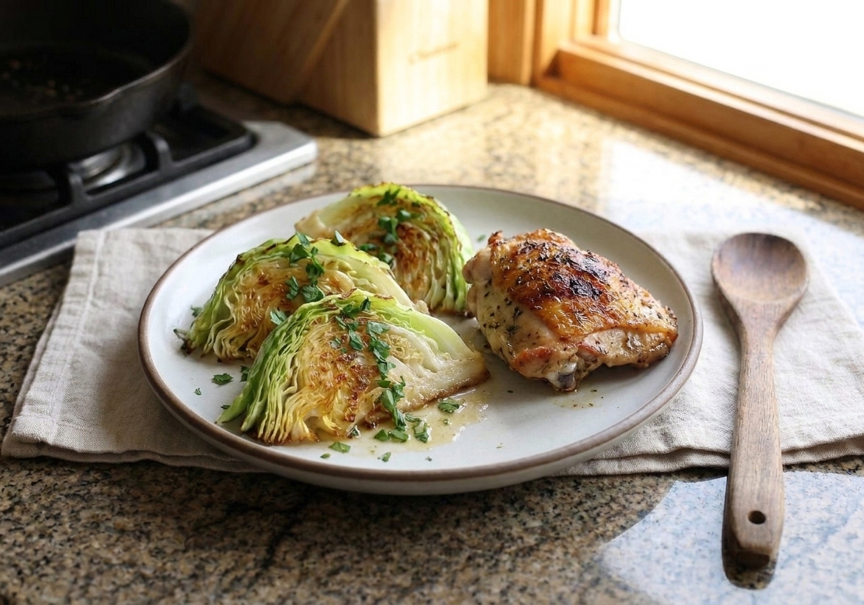 A simple dinner plate with buttery cooked cabbage wedges topped with parsley beside roasted chicken on a wooden table