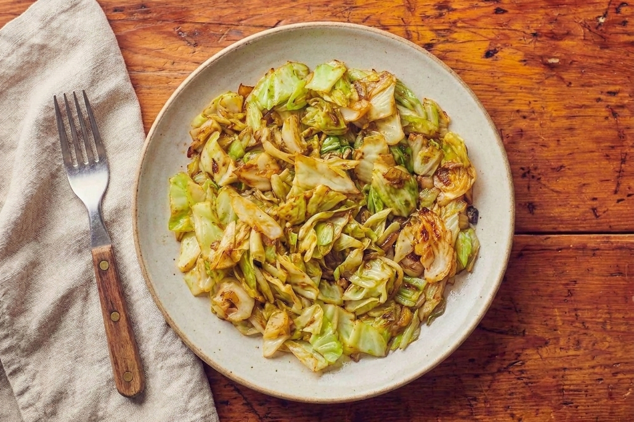A simple dinner plate with sauteed cabbage served as a side dish, set on a cozy table with a fork and cloth napkin