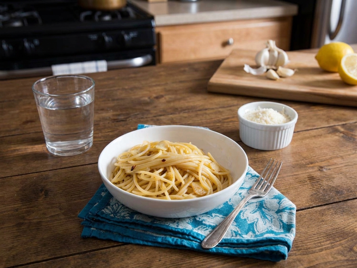 A simple dinner table set with a bowl of spaghetti aglio e olio, a fork, a glass of water, and a small dish of grated Parmesan