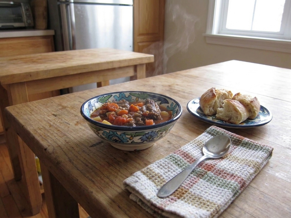 A simple dinner table setting with a bowl of camel soup, a spoon, folded napkin, and warm bread on a plate