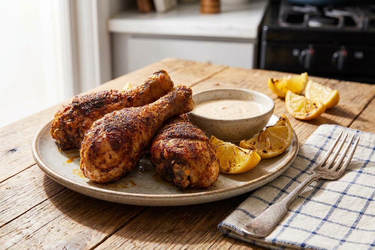 A simple dinner table setting with a plate of crispy chicken legs, a small bowl of dipping sauce, and lemon wedges beside a fork and napkin