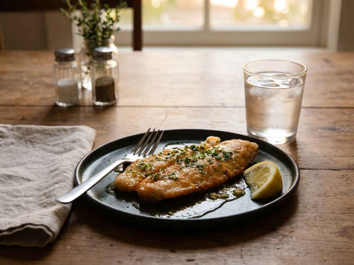 A simple dinner table setting with a plate of sole meuniere, a lemon wedge, and a glass of water in soft evening light