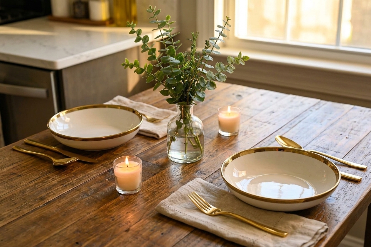 A simple dinner table setting with two lit candles, linen napkins, a small vase of greenery, and empty pasta bowls ready to be served, warm cozy lighting