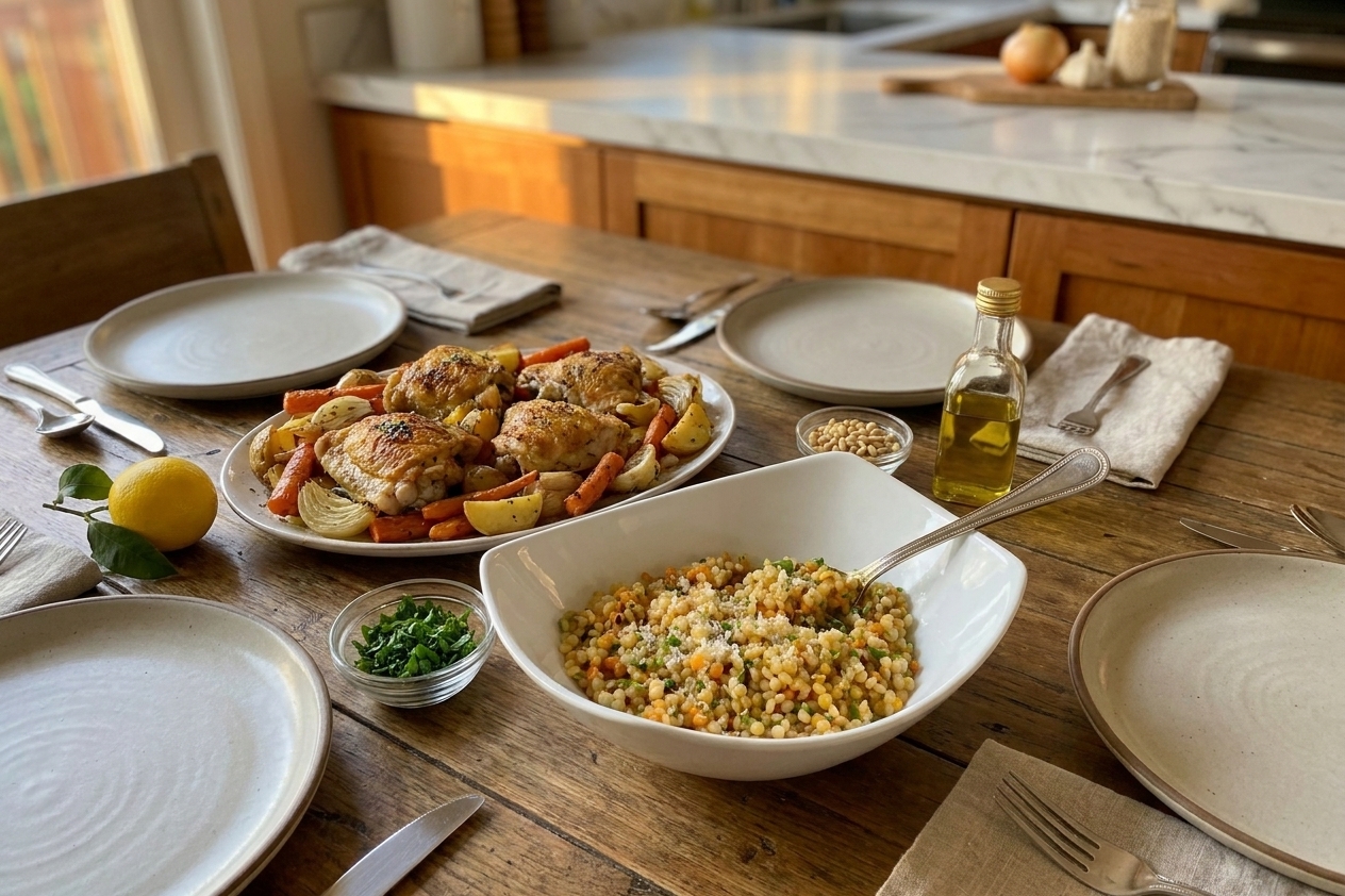 A simple family-style dinner table setting with a bowl of pearl couscous alongside roasted chicken and vegetables, warm evening lighting