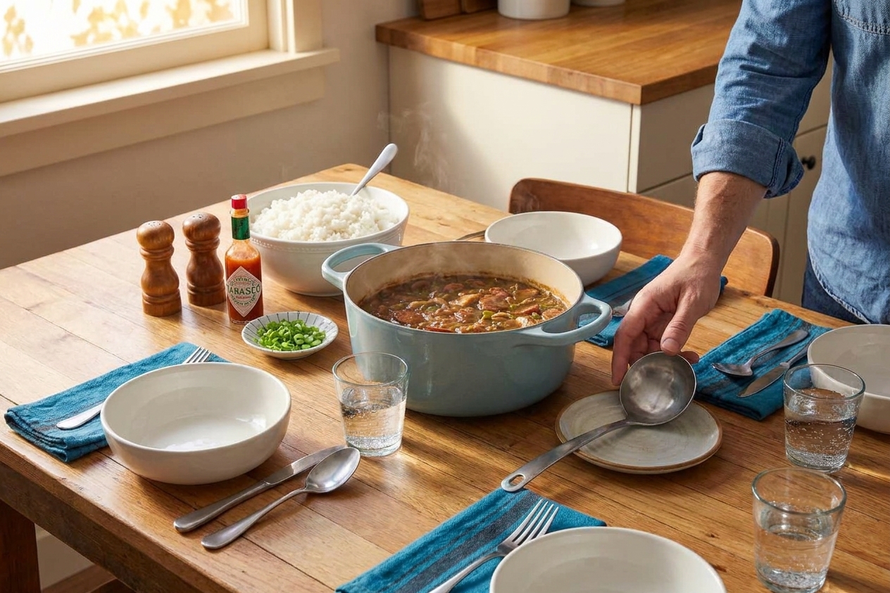 A simple family-style table setting with a pot of gumbo, bowls of rice, hot sauce, and a serving ladle ready for dinner