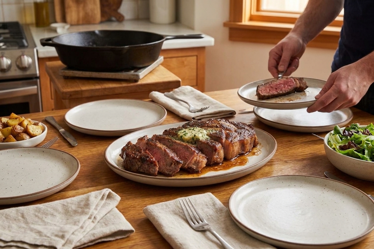 A simple family-style table setting with plates, linen napkins, and a platter of sliced steak ready to serve