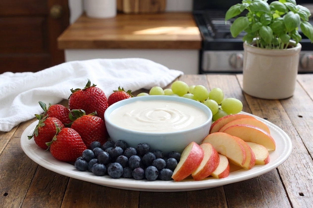 A simple fruit platter on a wooden table with strawberries, blueberries, grapes, and apple slices arranged around a small bowl for dip in a cozy kitchen setting