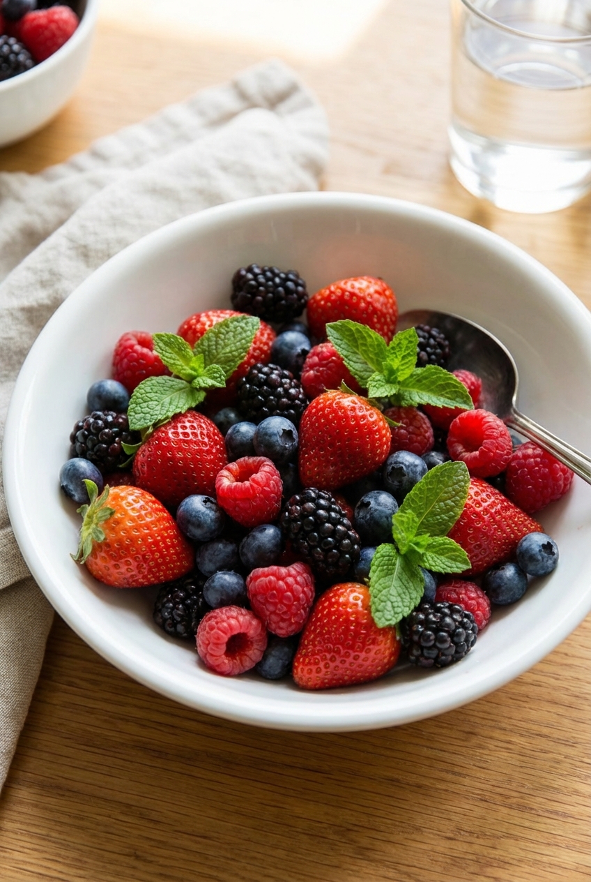 A simple fruit salad with berries and mint in a white bowl