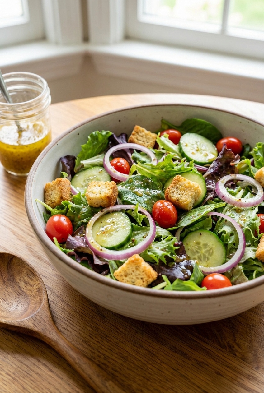 A simple garden salad in a large bowl with vinaigrette