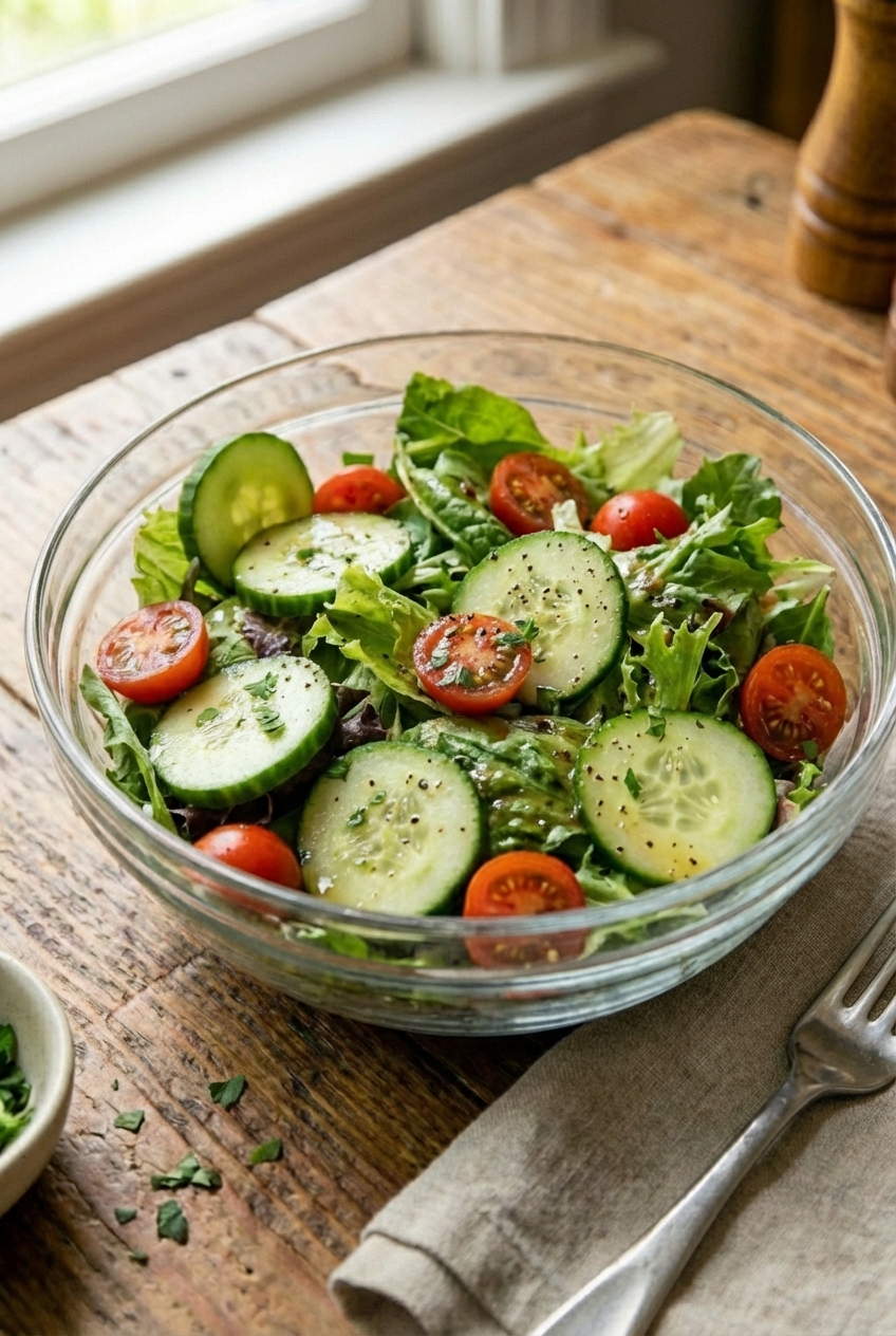 A simple garden salad with cucumbers and cherry tomatoes in a glass bowl