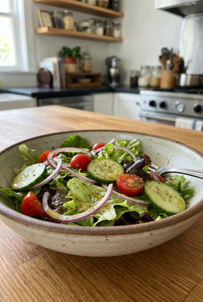 A simple green salad in a bowl with a light vinaigrette