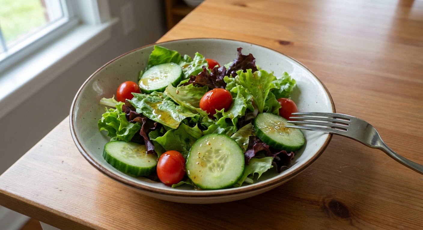 A simple green salad in a bowl with a light vinaigrette