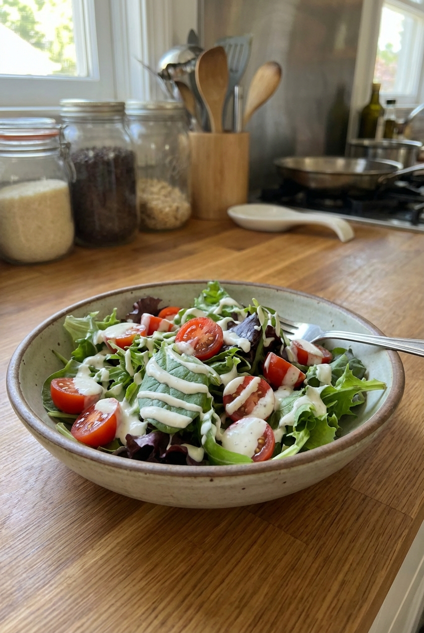 A simple green salad in a bowl with cherry tomatoes and creamy dressing