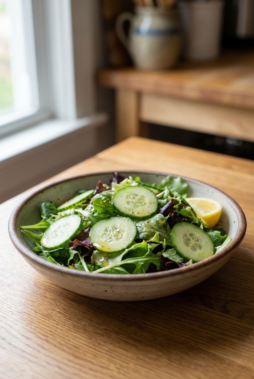 A simple green salad in a bowl with cucumber and lemon dressing