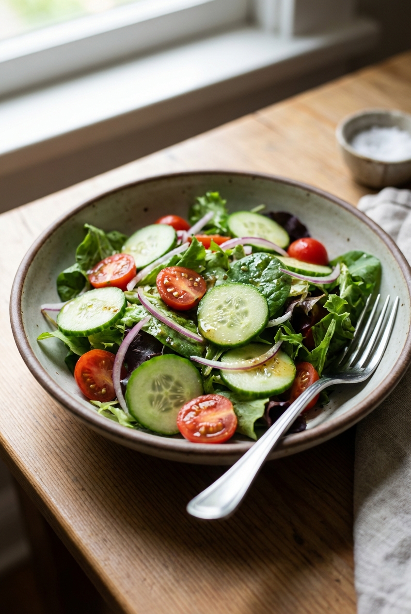 A simple green salad in a bowl with cucumber slices and a light vinaigrette