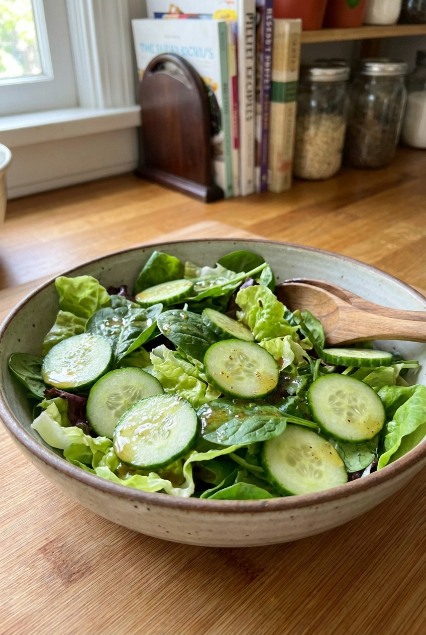 A simple green salad in a bowl with cucumbers and a light vinaigrette