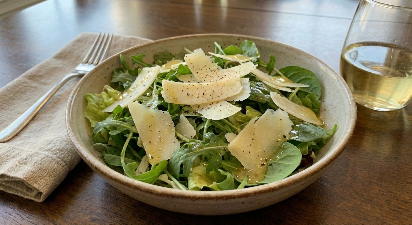 A simple green salad in a bowl with lemon vinaigrette and shaved Parmesan