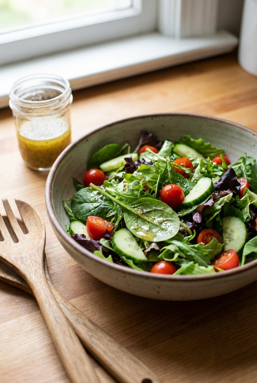 A simple green salad in a bowl with vinaigrette