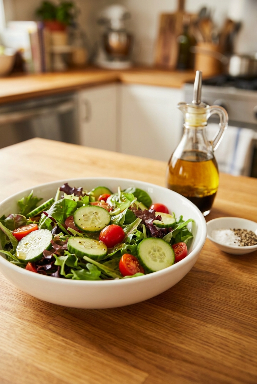 A simple green salad in a bowl with vinaigrette