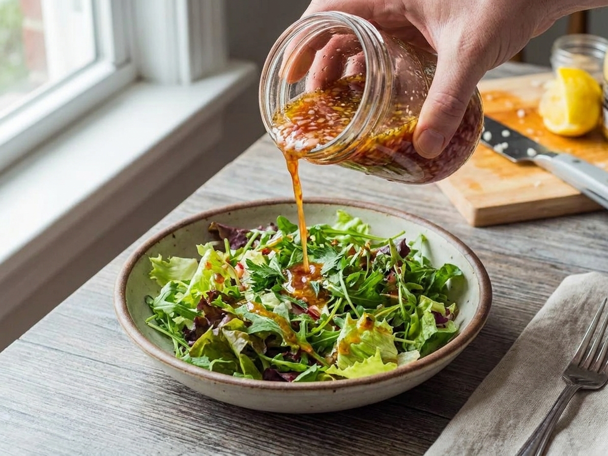 A simple green salad in a ceramic bowl being drizzled with red wine vinaigrette at a dining table, natural window light