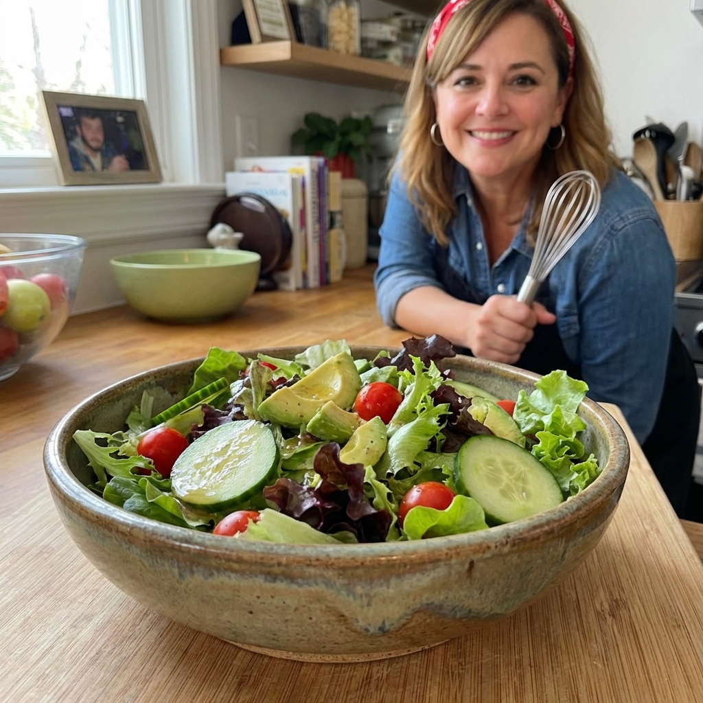 A simple green salad in a ceramic bowl with vinaigrette