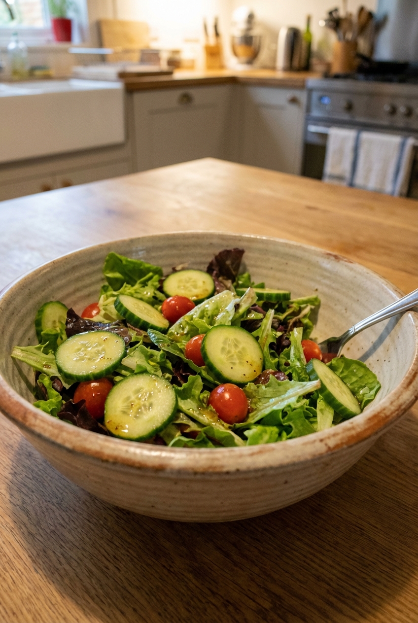A simple green salad in a large bowl with cucumbers and a light vinaigrette