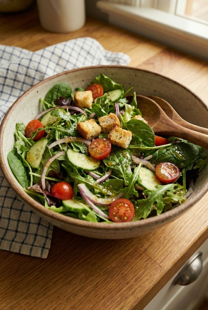 A simple green salad in a large bowl with vinaigrette