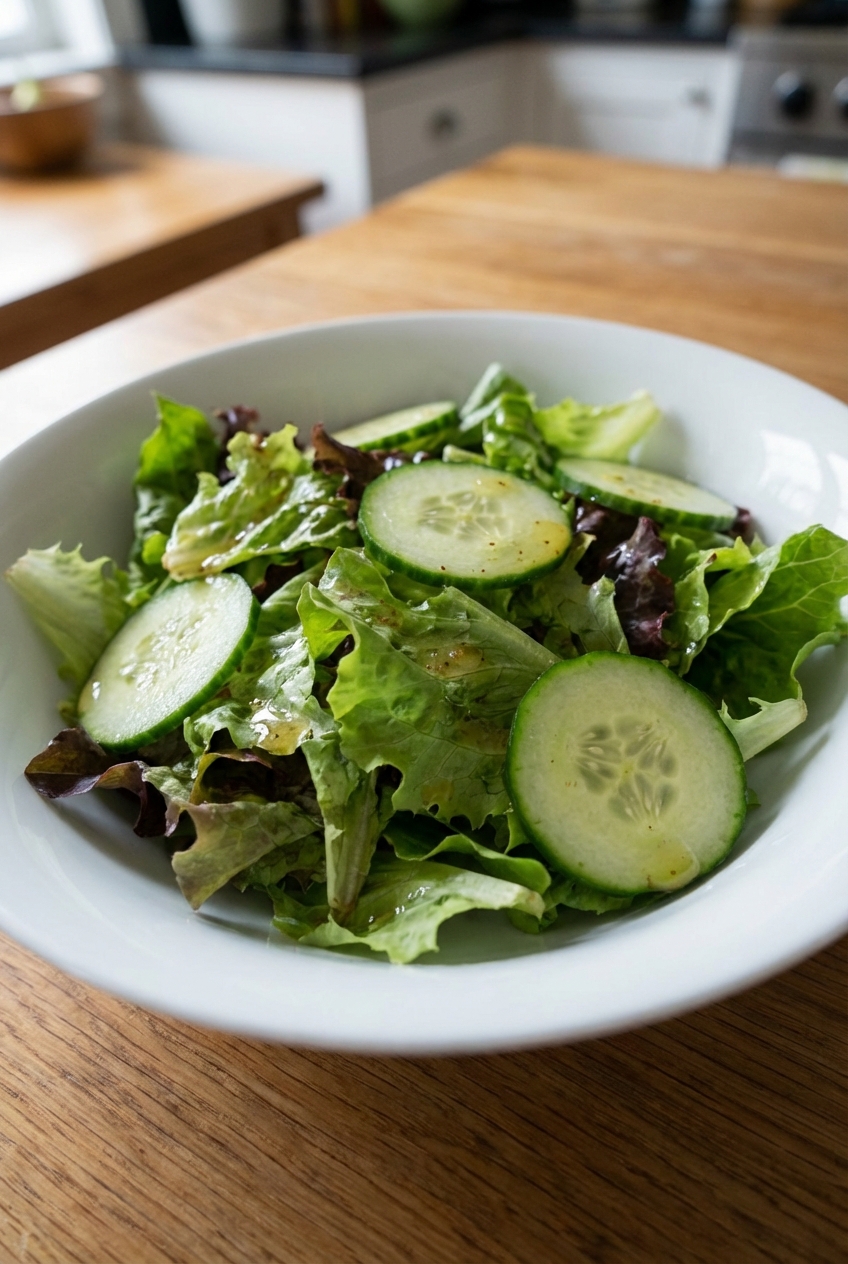 A simple green salad in a white bowl with cucumber slices and vinaigrette