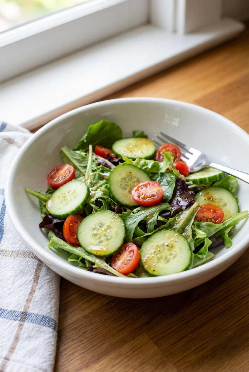 A simple green salad in a white bowl with cucumbers, cherry tomatoes, and a light vinaigrette
