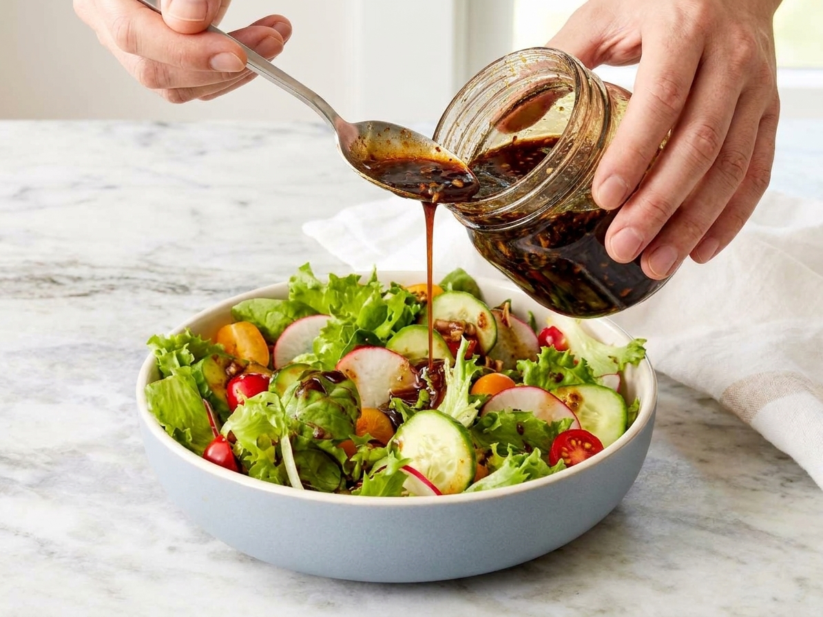 A simple green salad in a wide bowl with balsamic vinaigrette being drizzled over the top