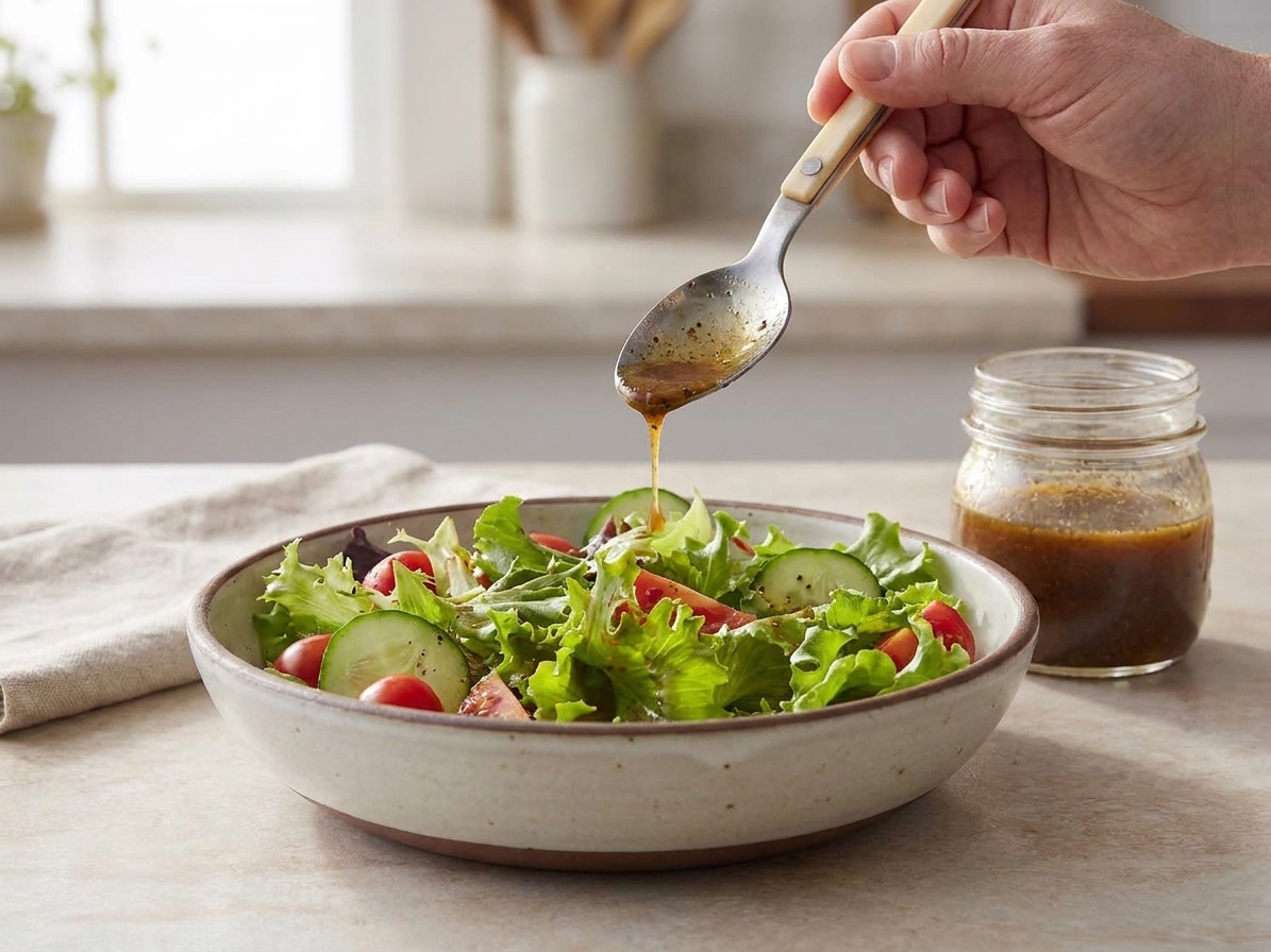 A simple green salad in a wide bowl with oil and vinegar dressing being drizzled over the leaves