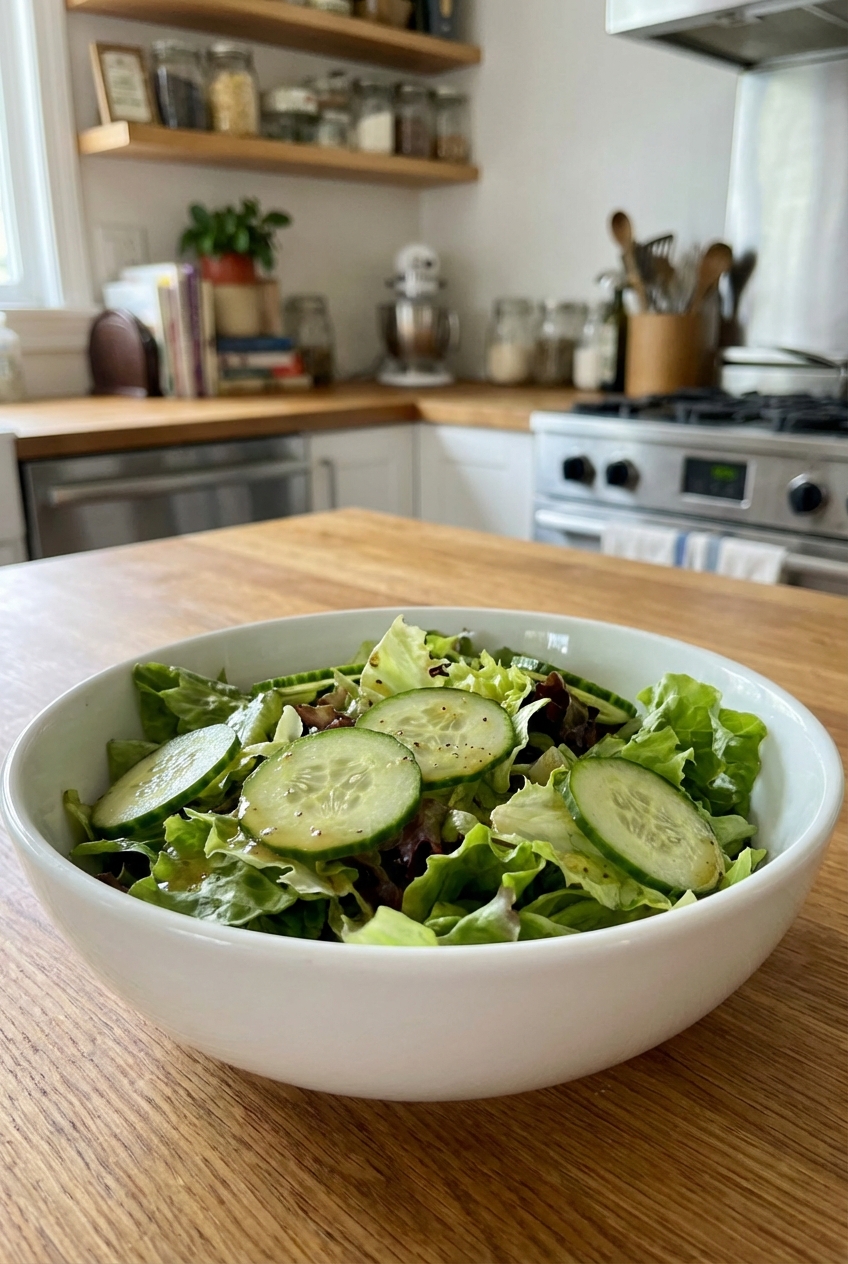 A simple green salad with crunchy cucumbers and a light vinaigrette in a white bowl on a kitchen counter