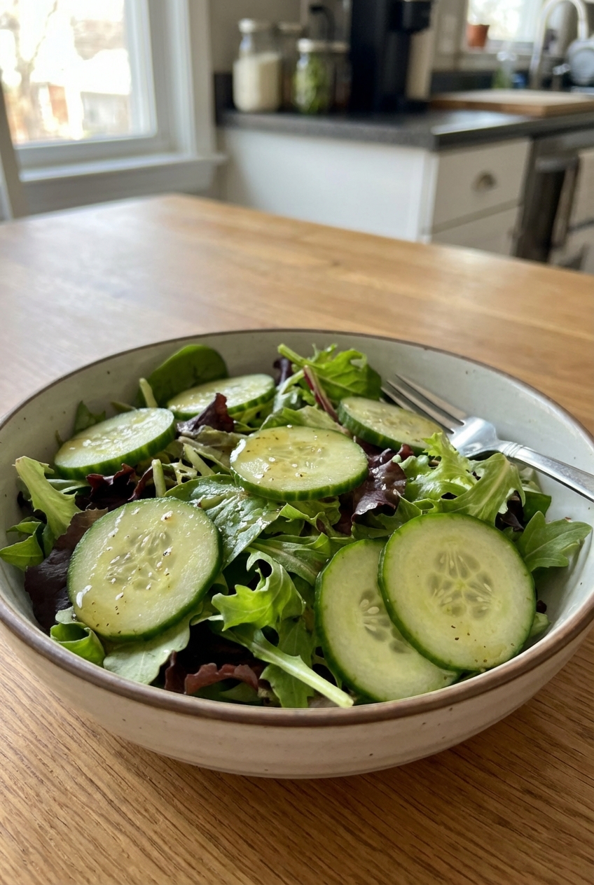 A simple green salad with cucumber and a light vinaigrette
