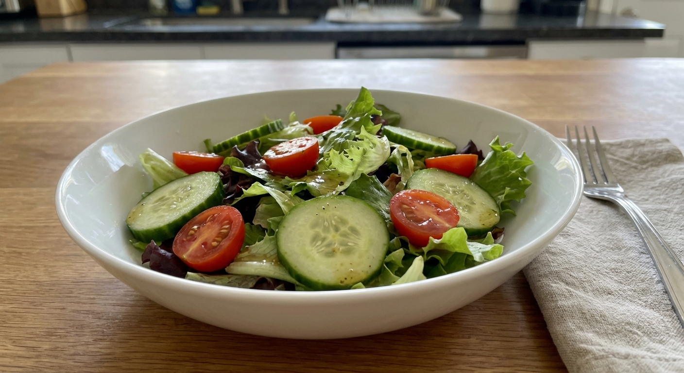 A simple green salad with cucumber and cherry tomatoes in a white bowl