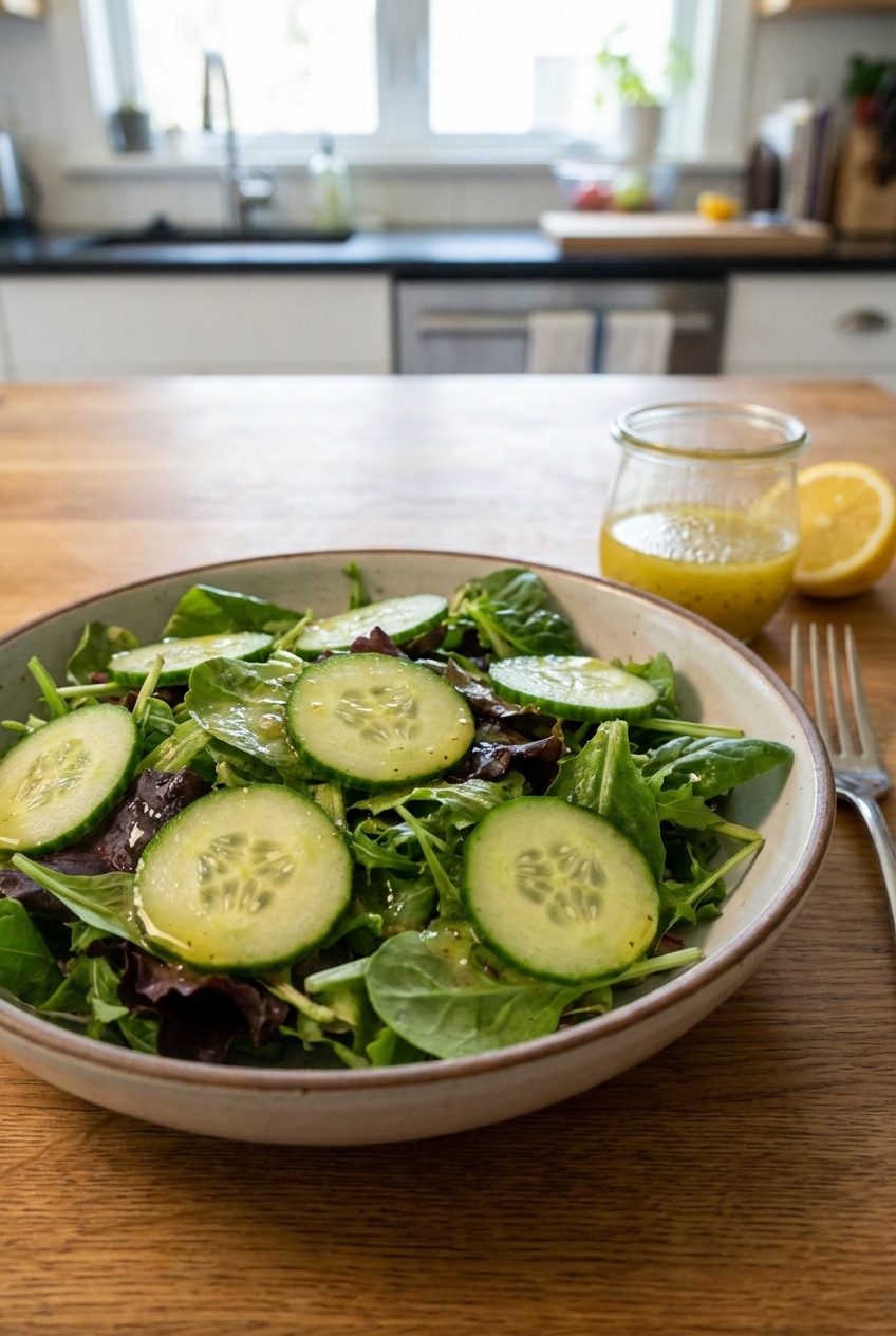 A simple green salad with cucumber and lemon vinaigrette