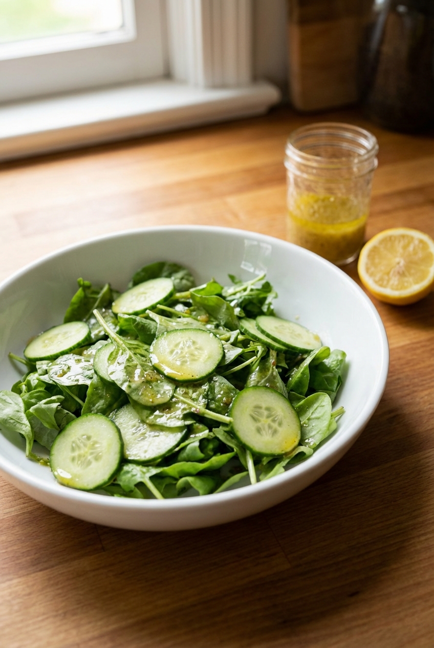 A simple green salad with cucumber and lemon vinaigrette in a white bowl