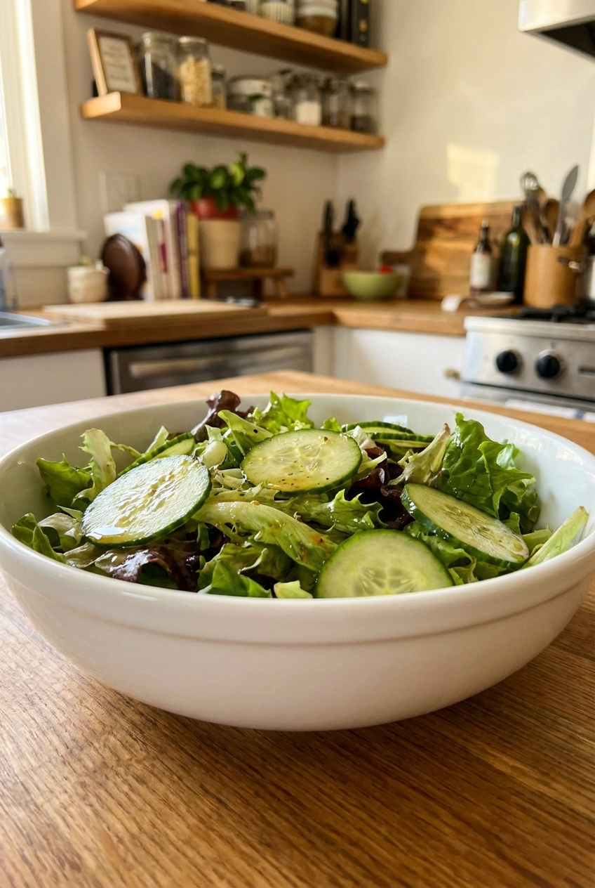 A simple green salad with cucumber slices and vinaigrette in a white bowl