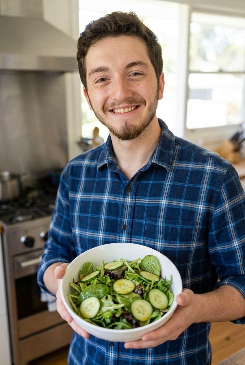 A simple green salad with cucumber slices and vinaigrette