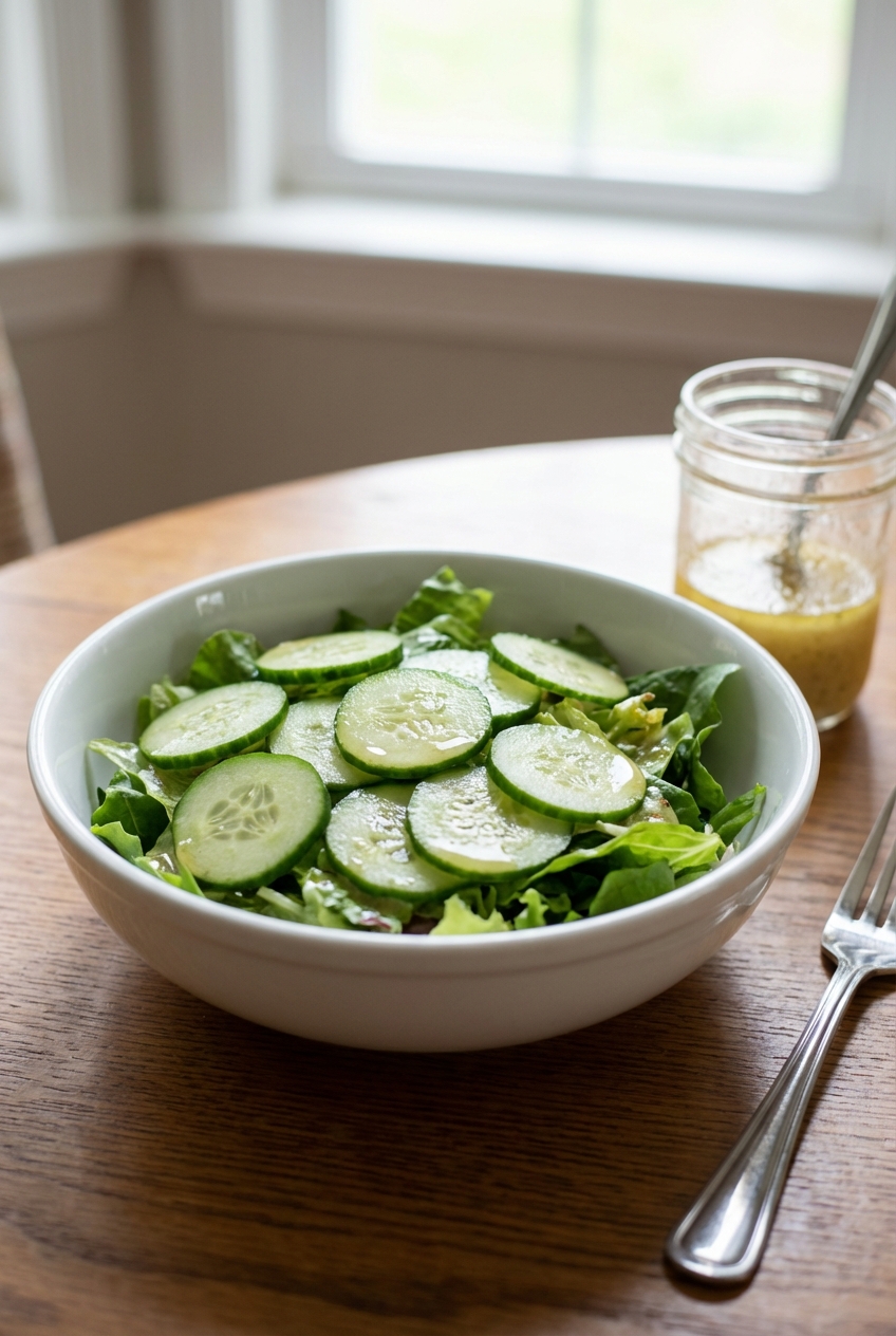 A simple green salad with cucumbers and a lemon vinaigrette