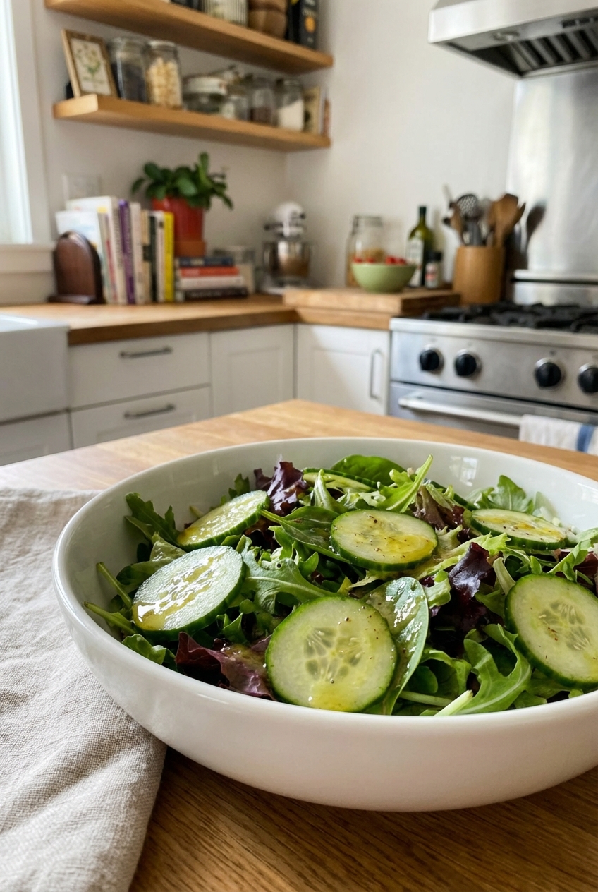 A simple green salad with cucumbers and a lemon vinaigrette in a white bowl on a kitchen counter