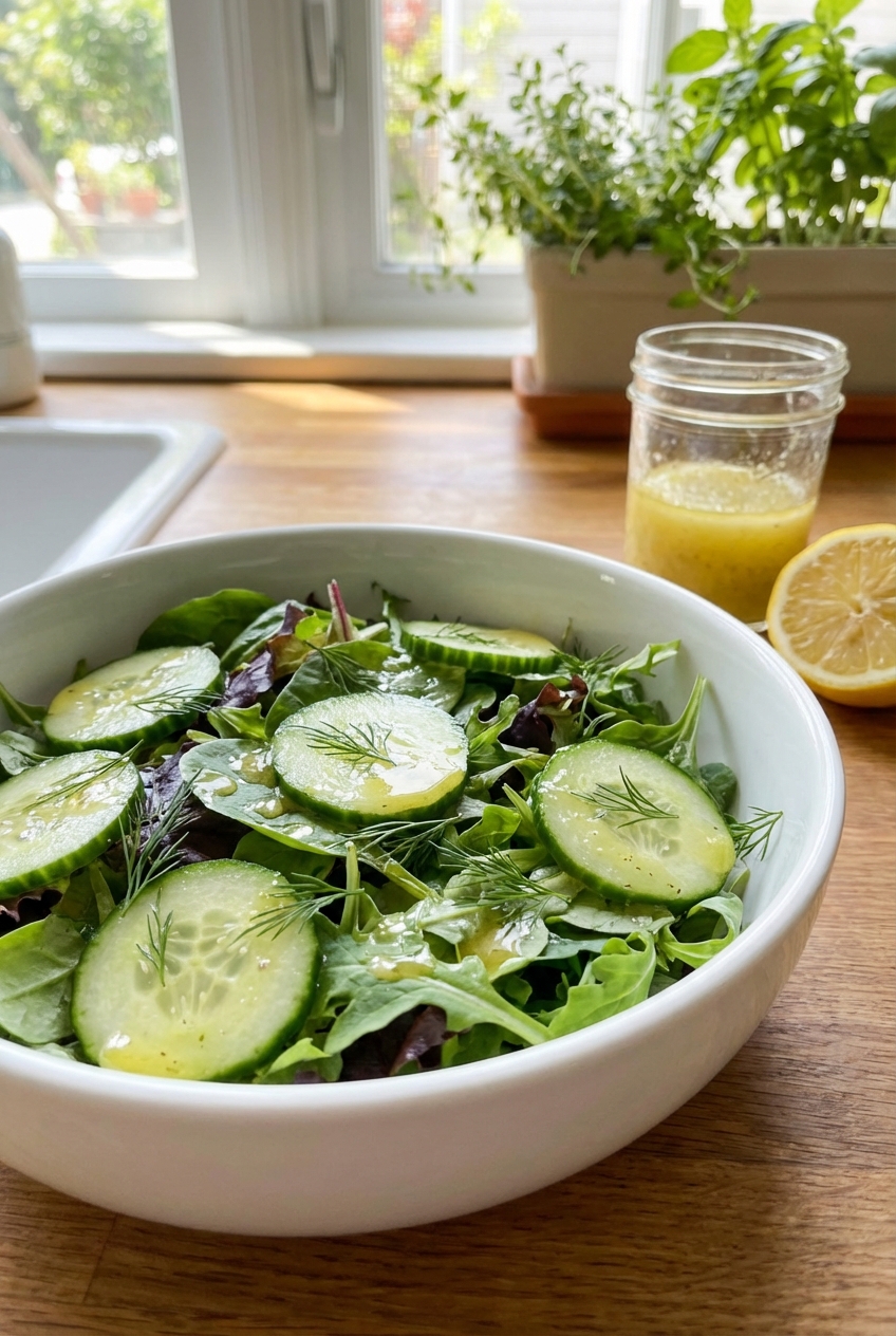 A simple green salad with cucumbers and a lemon vinaigrette in a white bowl