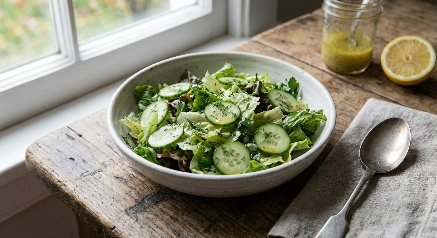 A simple green salad with cucumbers and a lemon vinaigrette in a white bowl