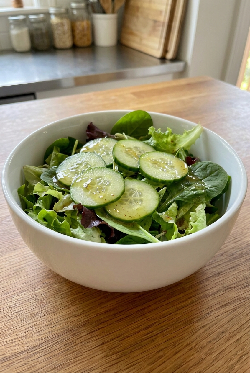A simple green salad with cucumbers and a light vinaigrette in a white bowl