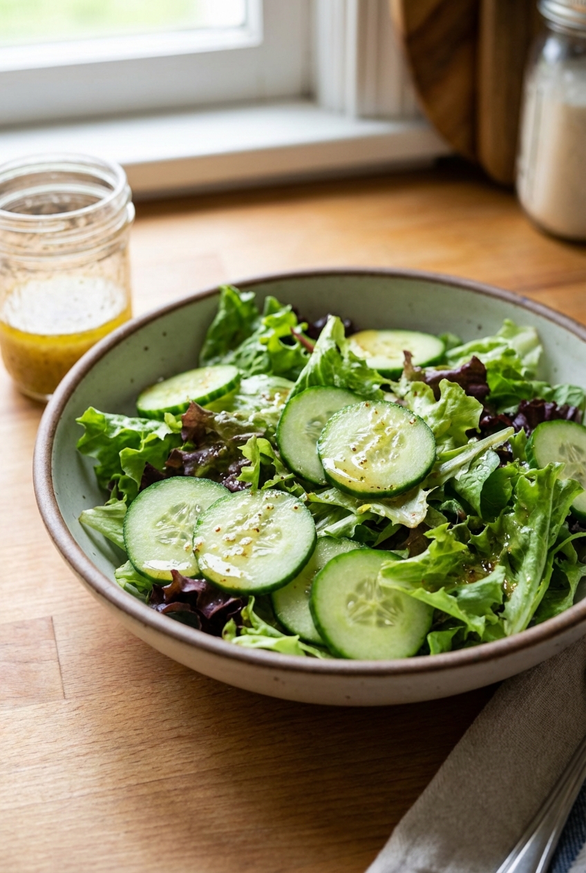 A simple green salad with cucumbers and a light vinaigrette