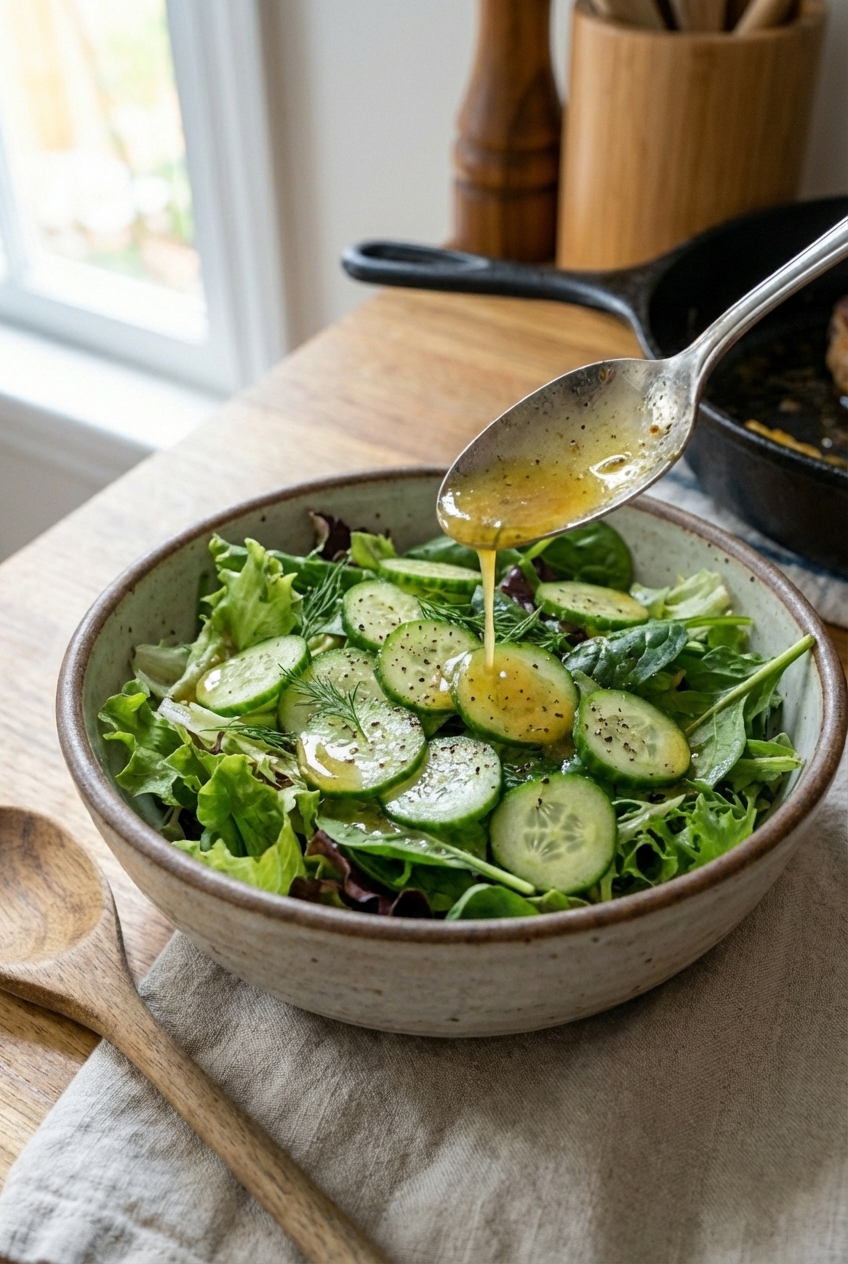 A simple green salad with cucumbers and a light vinaigrette