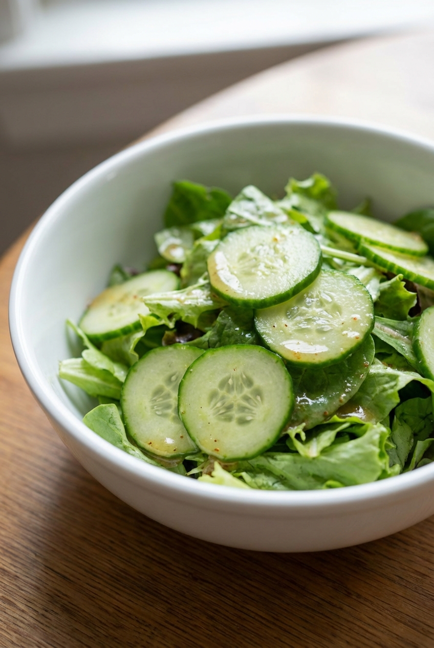 A simple green salad with cucumbers and a light vinaigrette in a white bowl