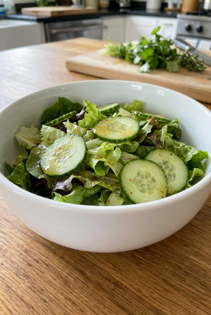 A simple green salad with cucumbers and a light vinaigrette in a white bowl