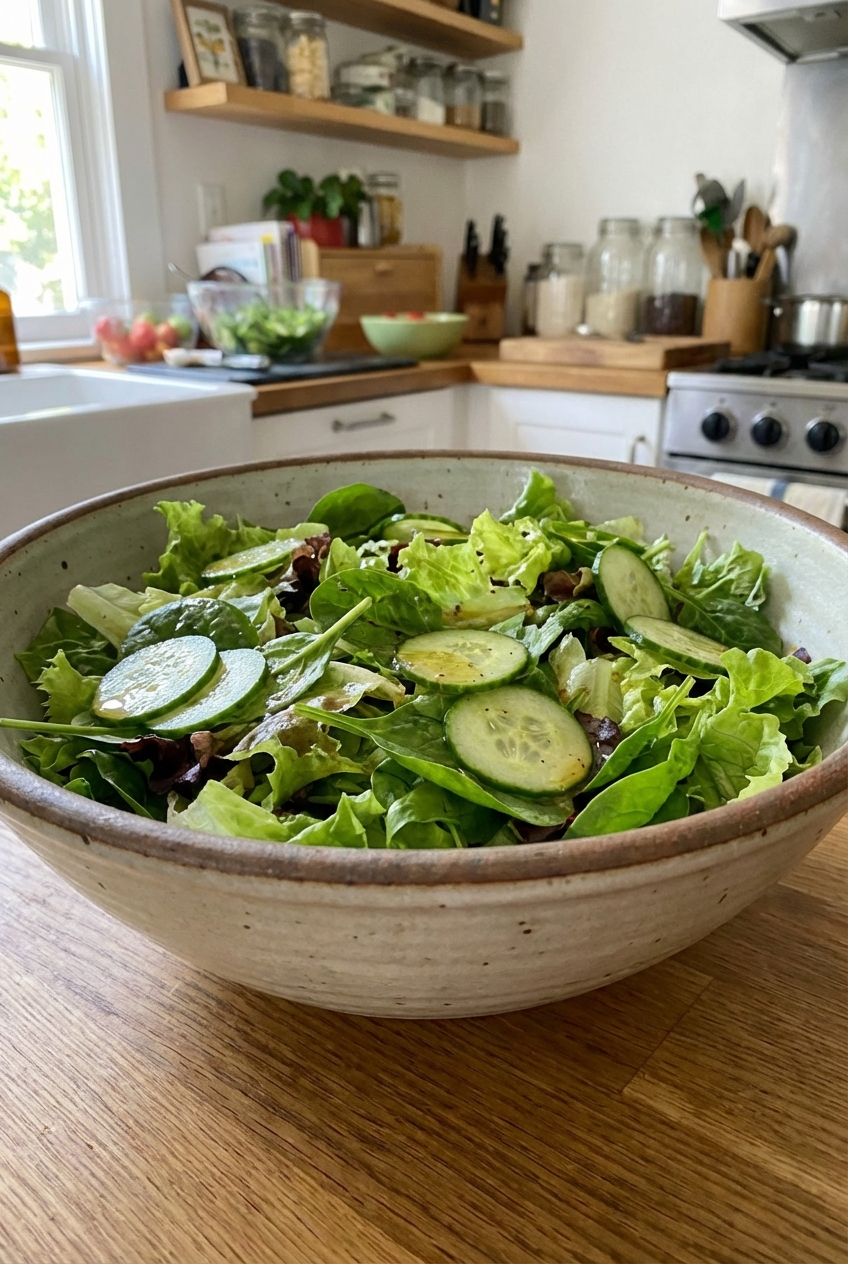 A simple green salad with cucumbers and a light vinaigrette in a large bowl